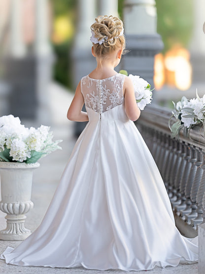 Robe de demoiselle d'honneur de première communion en satin et dentelle coupe A-line 