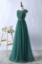BMbridal Elegant Dark Green Tulle Jewel Prom Dress Sleeveless With Appliques