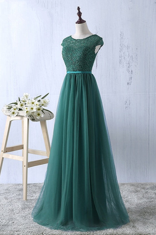 BMbridal Elegant Dark Green Tulle Jewel Prom Dress Sleeveless With Appliques