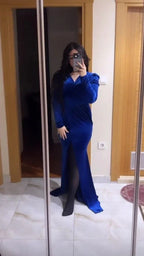 Abito da sera elegante in velluto blu reale, abito da sera blu reale Y5666