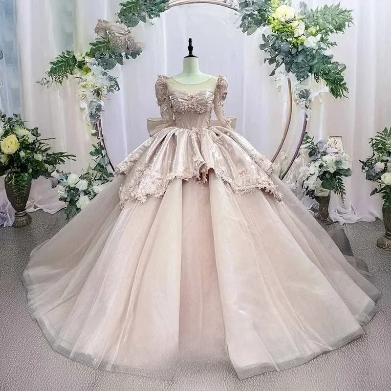Rosa Herzensdame Stufenballkleid Anpassen Quinceañera Kleid Lange Ärmel Tüll Schulterfreies Kleid Volljährigkeitsfeier Kleid