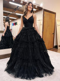 Abito da sera lungo a strati in tulle scintillante con scollo profondo a V a linea ad A