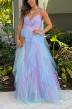 LAVENDER AND BLUE RUFFLED MESH MAXI DRESS