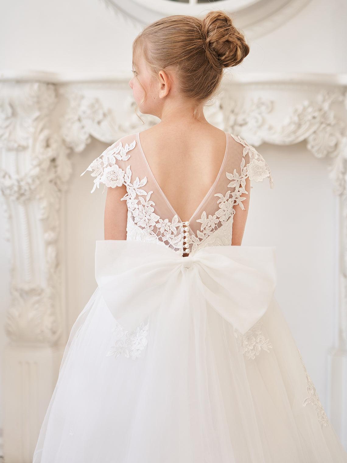 Ivory Lace Tulle First Communion Flower Girl Dress With Detachable Train
