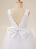 Floor Length V Neck Satin Tulle Princess Flower Girl Dress