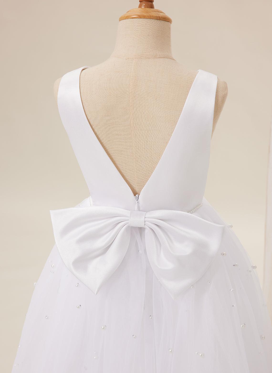 Floor Length V Neck Satin Tulle Princess Flower Girl Dress