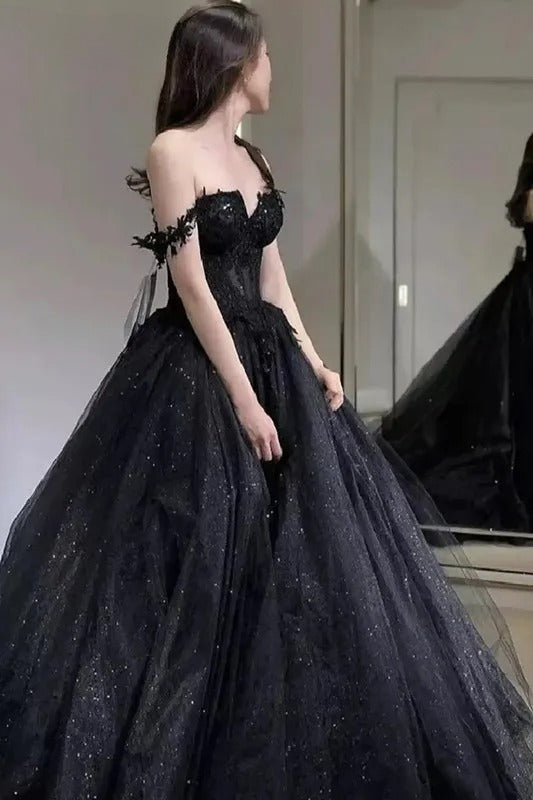 Black Shiny Tull Prom Dress Applique Off Shoulder Sweet Long Formal Wedding Party Dress Elegant Women's Evening Gowns Customized