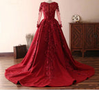 BMbridal Burgundy Long Sleeve Lace A Line Prom Dress Evening Gown