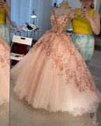 Abito a sfera con applicazioni di fiori rosa cipria, abiti da sera in tulle a linea ad A, abiti per quinceañera Y388