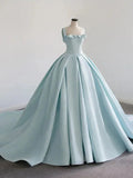 Abito lungo da ballo in raso blu, vestito blu per sedicesimo compleanno Y392