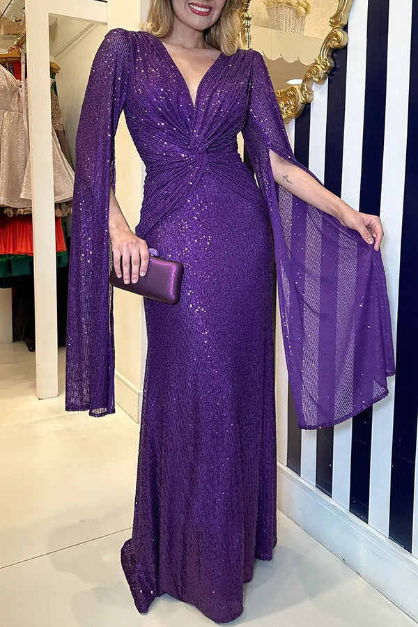Robe de soirée longue à manches cape pailletées et taille croisée pour briller de mille feux