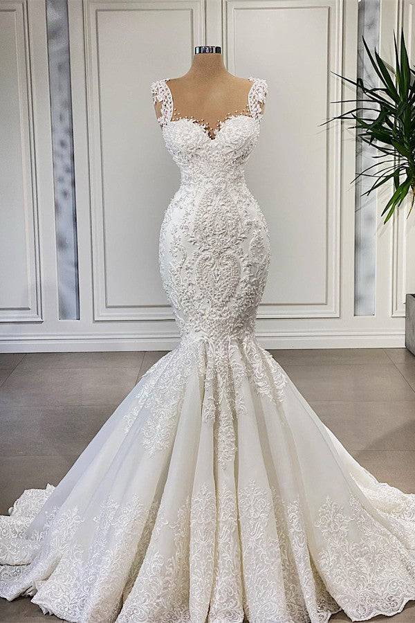 Bmbridal Lace Mermaid Wedding Dress Sleeveless With Sweetheart Neckline Train