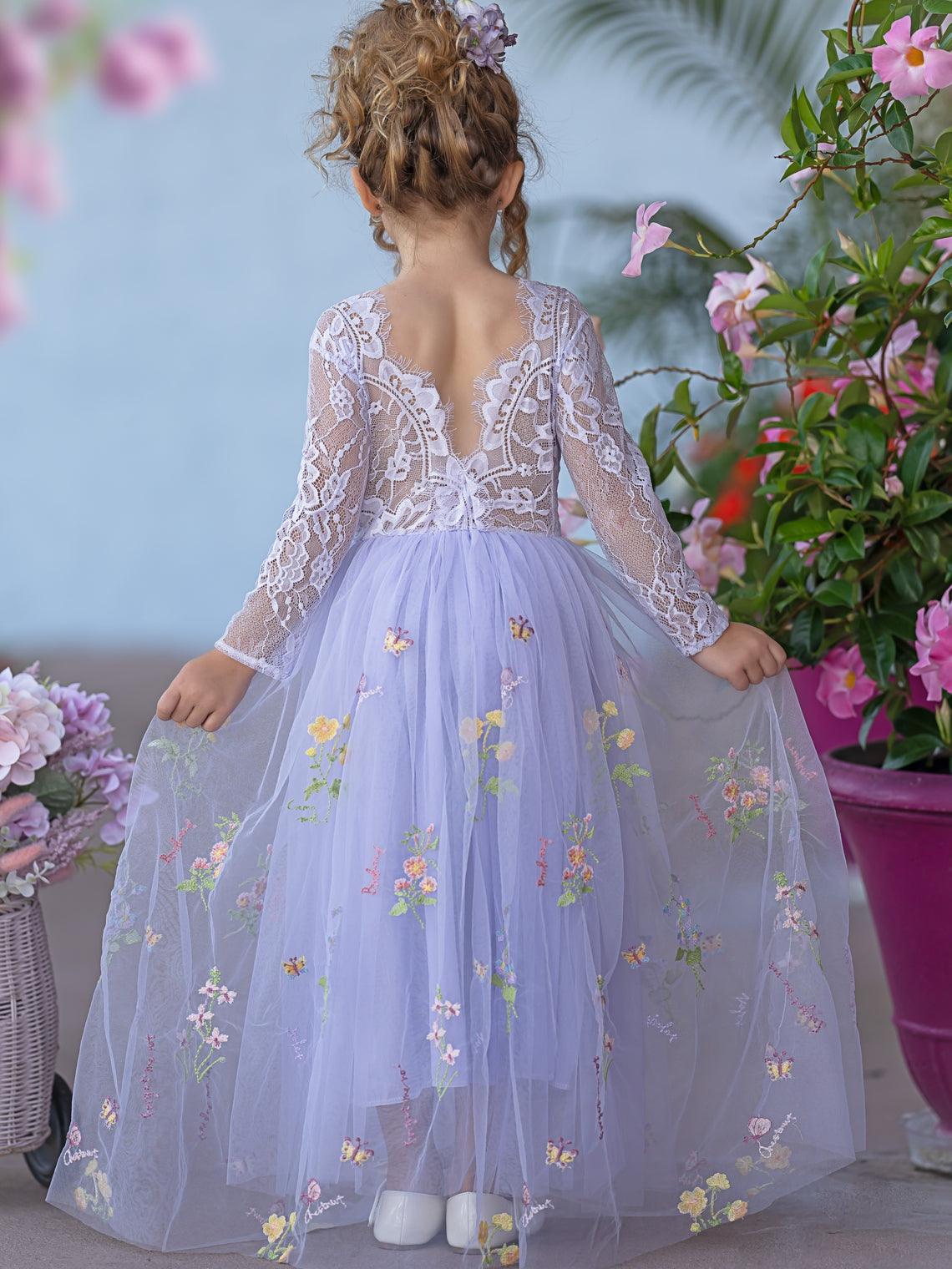 White Floral Lace Tulle Flower Girl Dress A Line Long Sleeve Floor Length