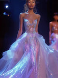 Elegante Abito da Sera Viola in Tulle, Chiffon e Paillettes, Modello Sirena, Abito Lungo da Ballo Y8331
