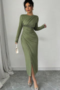Long Sleeves Jewel Neck Tea Length Prom Dress With Pleated Side Split