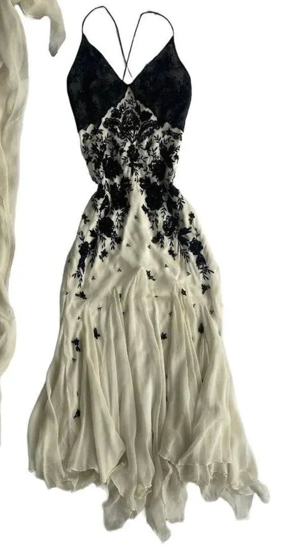 Abito da sera lungo in chiffon nero con pizzo e spalline sottili stile champagne Y7480