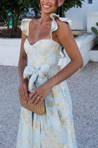 Robe mi-longue à corset froncé avec dos à volants et motif floral baroque la plus délicieuse