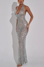 Vestido largo con cuello halter, lentejuelas transparentes y brillo toda la noche 