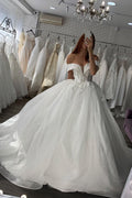 Shiny Ball Gown Off Shoulder Wedding Dress With Lace Sweetheart Neckline