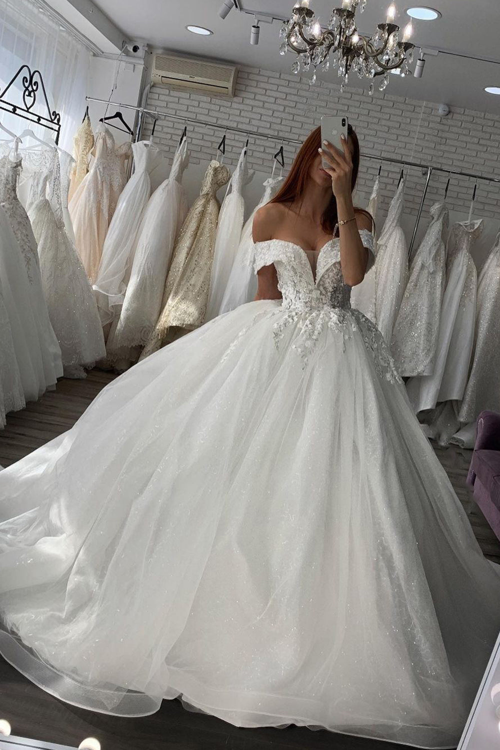 Shiny Ball Gown Off Shoulder Wedding Dress With Lace Sweetheart Neckline