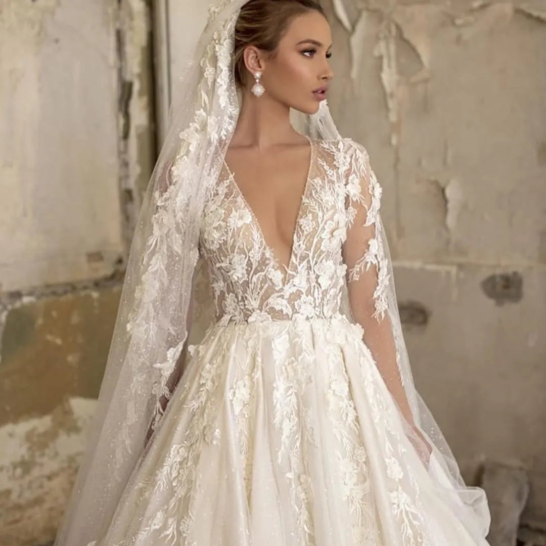 Chic Deep V Neck A Line Long Sleeves Wedding Dress With Tulle Lace Appliques