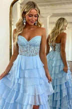 Light Blue A Line Sweetheart Chiffon Prom Dress With Tiered Ruffles Appliques