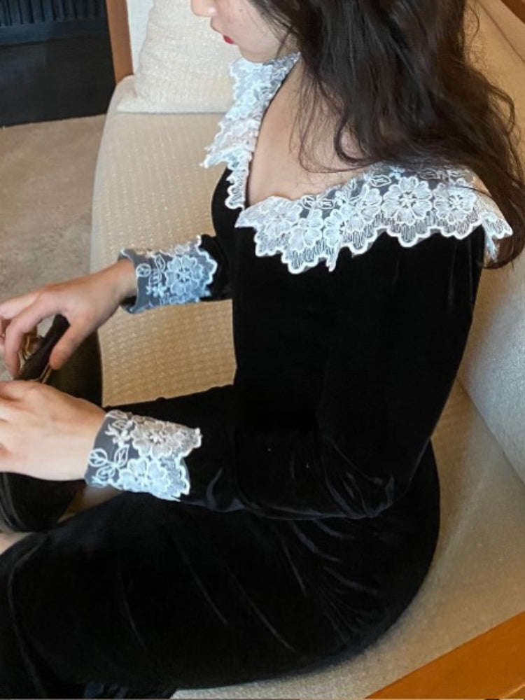 TARUXY Splice Lace Vintage Dresses Women's Black Temperament Slim Dress Lady Side Slit Party Elegant Retro Evening Dress Women