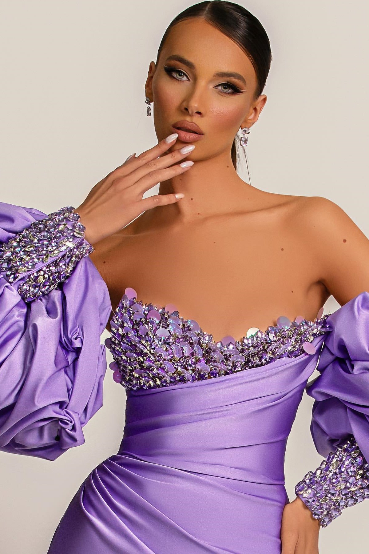 Custom Purple Mermaid Prom Dress With Appliques And Puff Sleeves