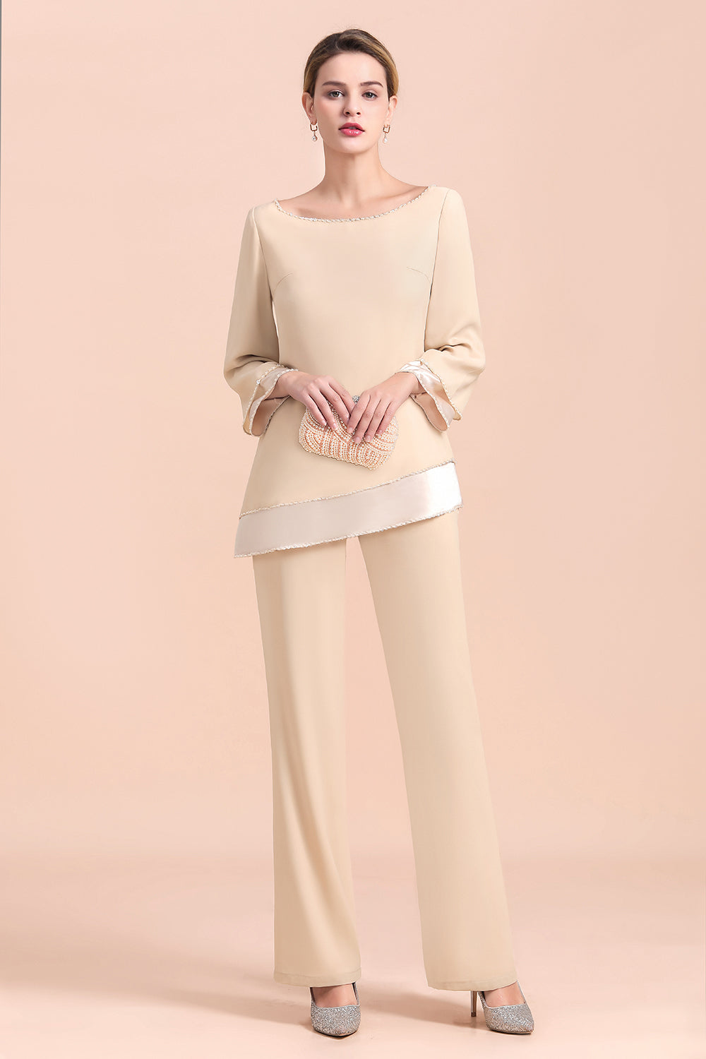 BMbridal Chic Round-Neck Champagne Chiffon Mother of Bride Jumpsuit Online