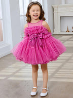 Pink Princess Tulle Flower Girl Dress With Bow And Scoop Neck Details