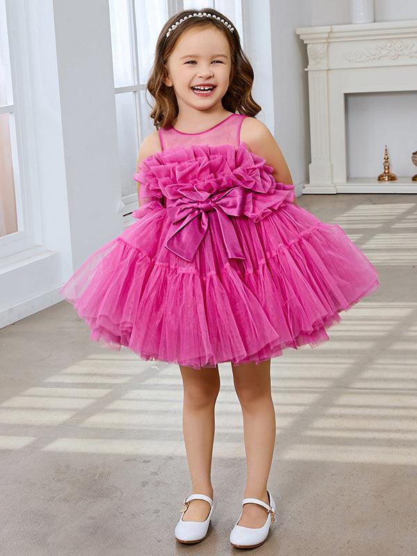 Pink Princess Tulle Flower Girl Dress With Bow And Scoop Neck Details