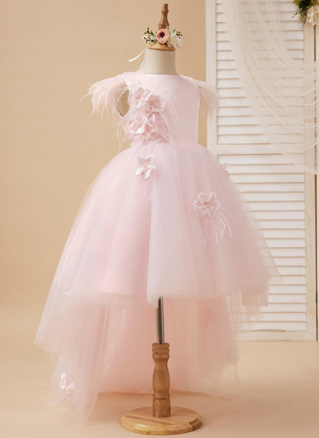 Princess Sleeveless Tulle Flower Girl Dress With Beading And Feather Bow