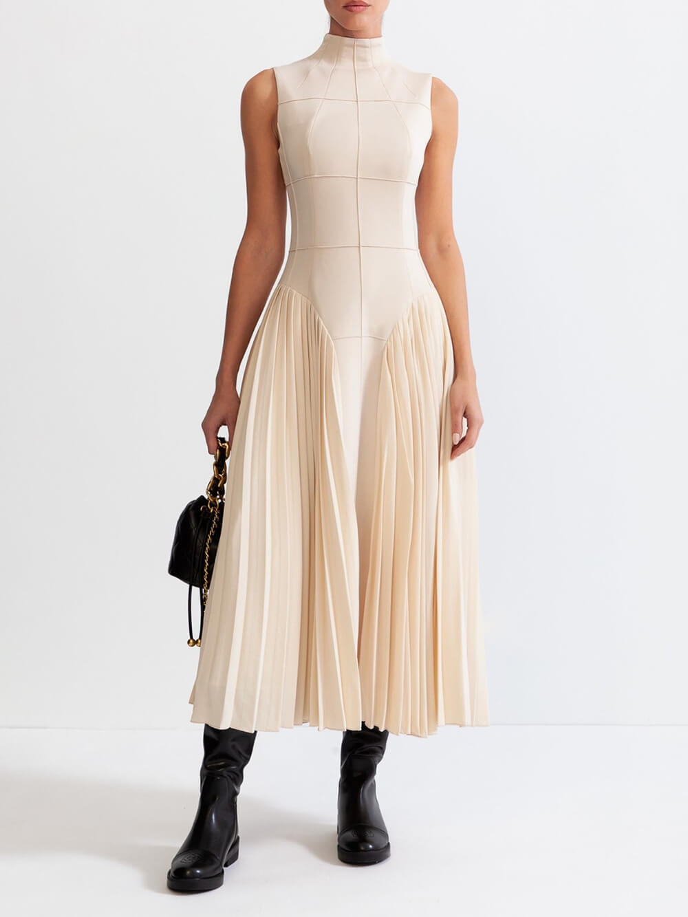 Vestido midi sin mangas con paneles plisados únicos 