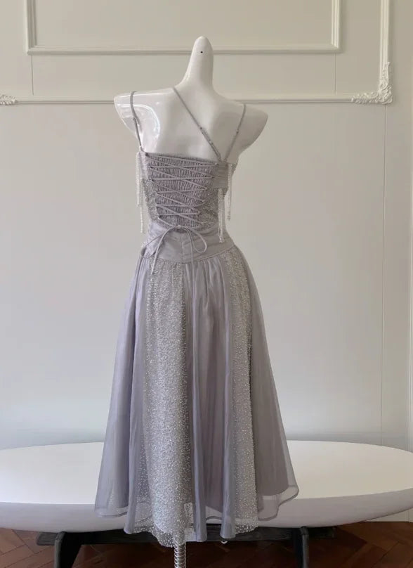 Vestido de Festa Roxo Elegante com Lantejoulas, Tule, Contas e Borlas, Modelo Linha A, Vestido de Noite Y8586