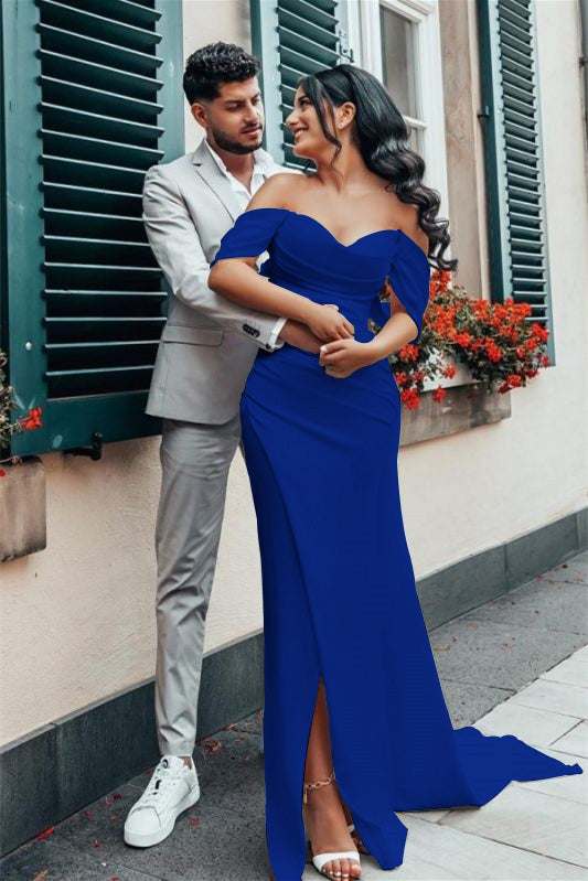 Charmeuse Off The Shoulder Wedding Dress With Split Silhouette