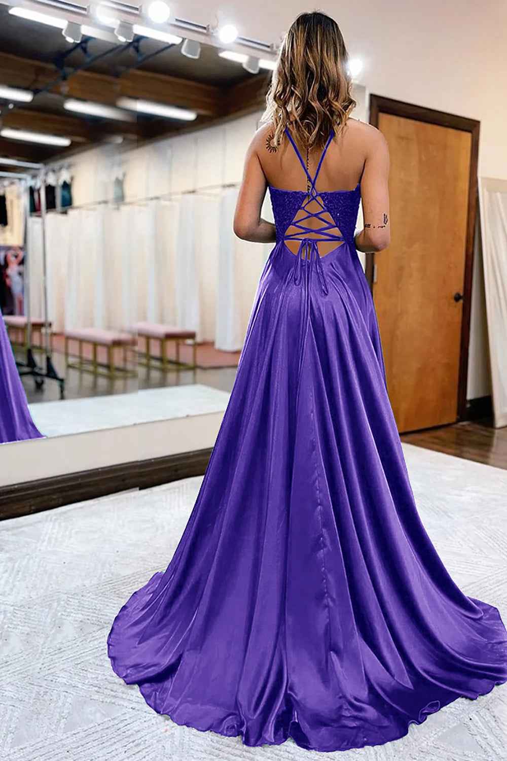 Dark Green Satin A-Line Appliqued Prom Dress With Side Slit For Formal Evening Party Occasions