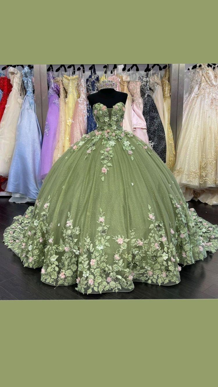 Abiti da Quinceañera Verdi Abito da Ballo Principessa con Applicazioni Fiori 3D per Feste Dolci 15 Modello Y121