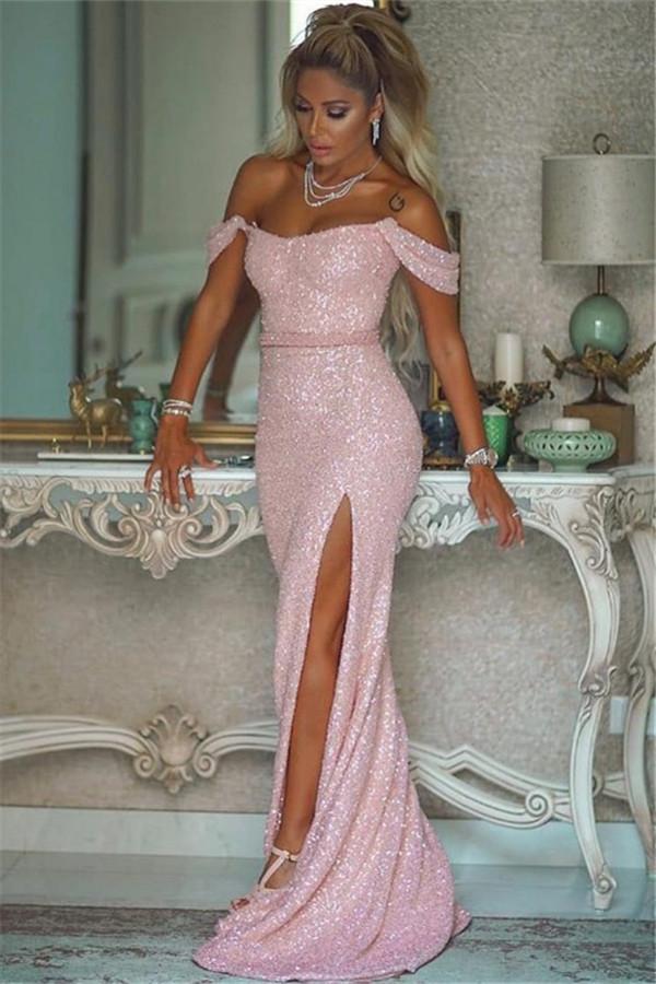 Pink Sequins Off Shoulder Mermaid Prom Dress With Slit Custom Colors And Sizing