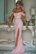 Pink Sequins Off Shoulder Mermaid Prom Dress With Slit Custom Colors And Sizing