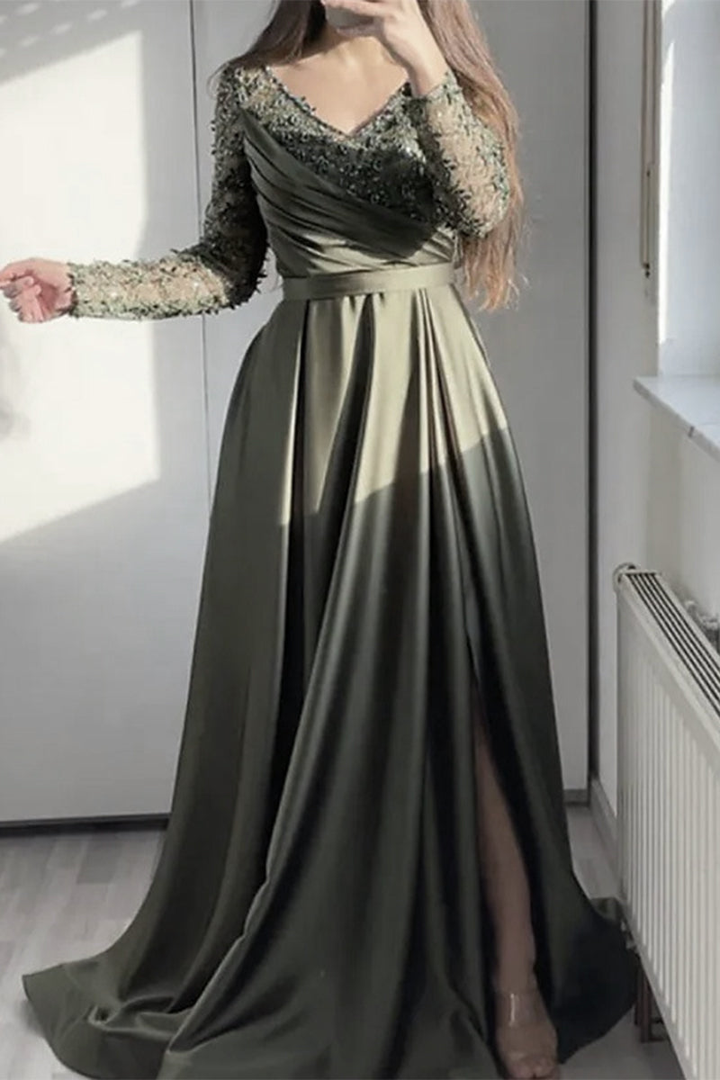 Elegante formelle Abendkleider mit einfarbiger Spitze und Volant, Schlitz und V-Ausschnitt 