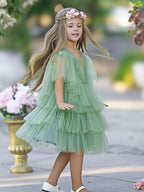 Enchanted Garden Green Tulle Flower Girl Dress Sleeveless V Back