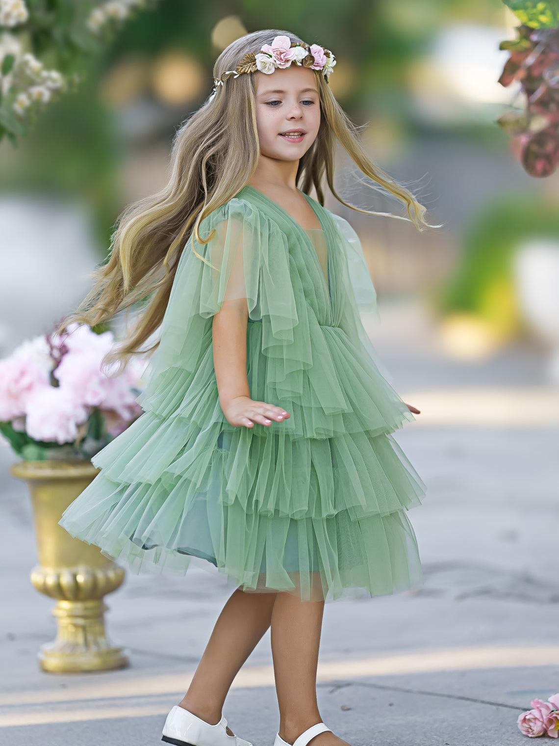 Enchanted Garden Green Tulle Flower Girl Dress Sleeveless V Back