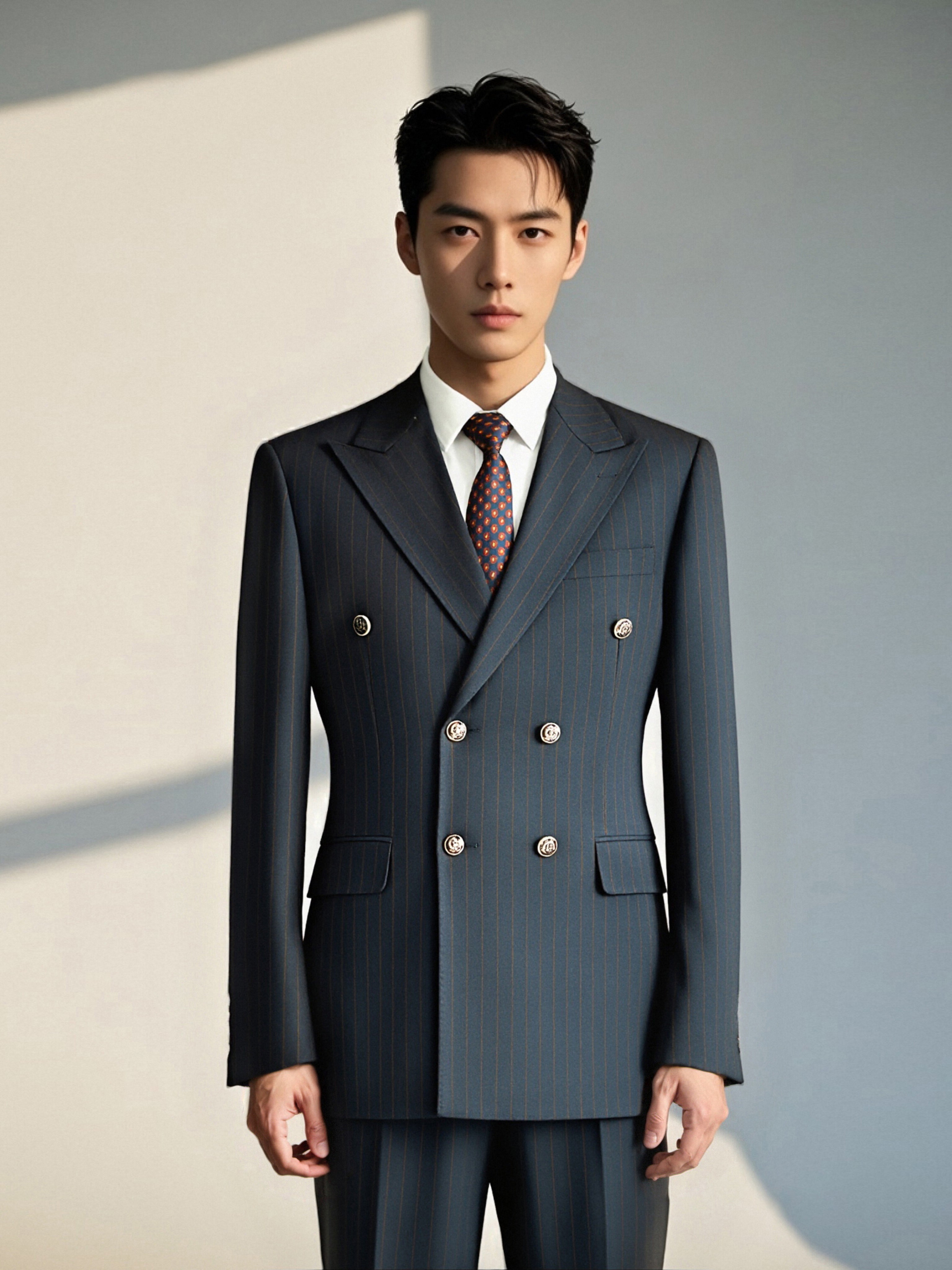 Abito in Lana a Righe Navy Doppio Petto Su Misura per Sposo Formale e Business