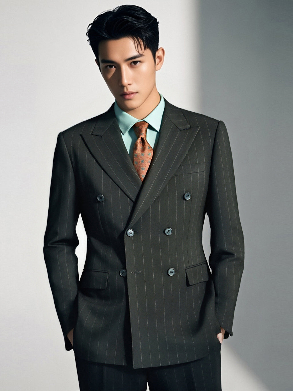 Costume en laine à rayures de craie anthracite double boutonnage pour mariage formel et affaires