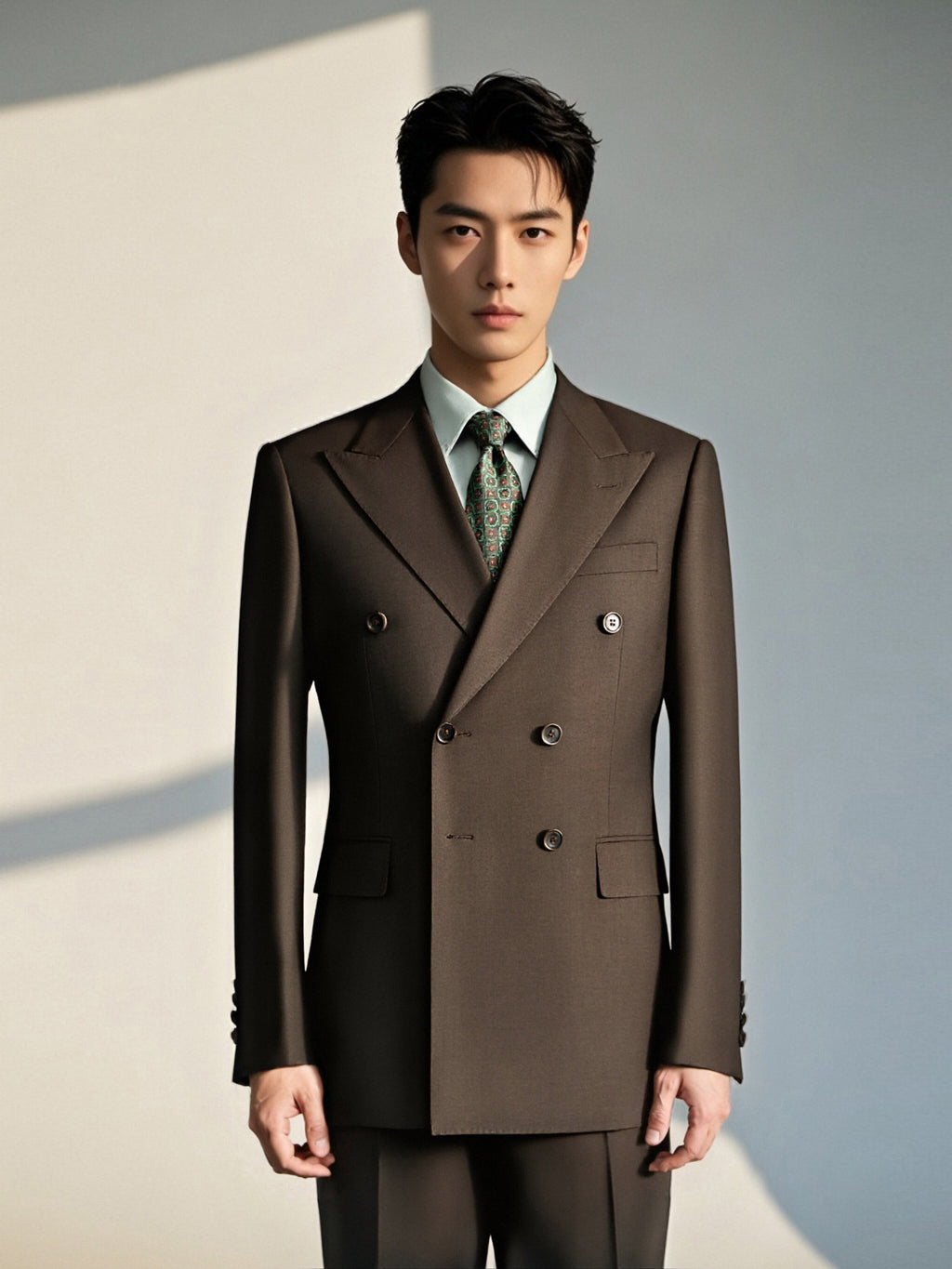 Tailored Double Breasted Dark Brown Wool Suit For Formal Groom And Business