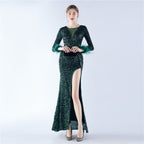 Handmade Sequin Craft Order Ostrich Feather Long Sleeve Evening Dress