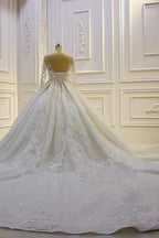 Luxury Ball Gown Bridal Dress With Lace Appliques Beading Long Sleeves Ruffles