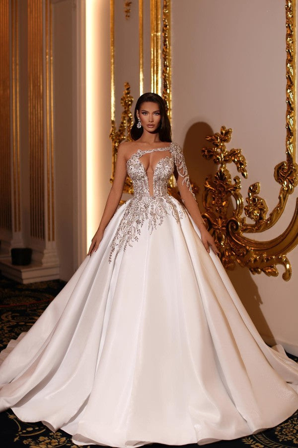 One Shoulder Satin A Line Wedding Dress Backless Lace Chapel Train