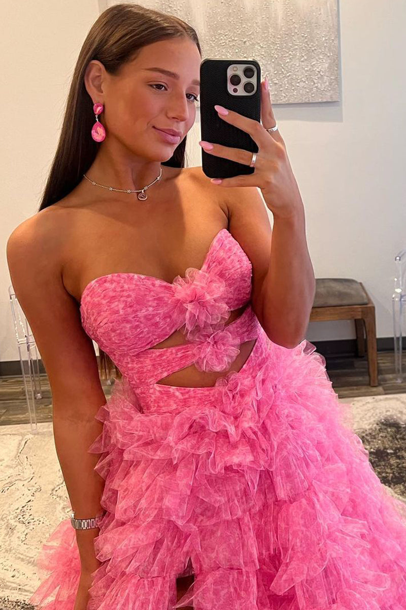Robe de bal bustier rose à volants en tulle imprimé