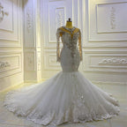 Long Sleeves Pearl Sequins Bateau Mermaid Wedding Dress With Lace Appliques